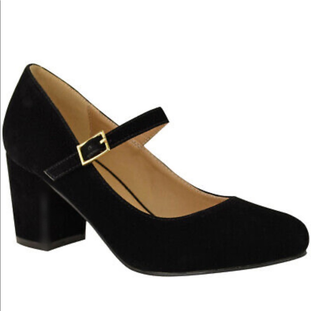 Black faux suede leather closed toe Mary Jane lower heel shoes pumps 6 / 6.0